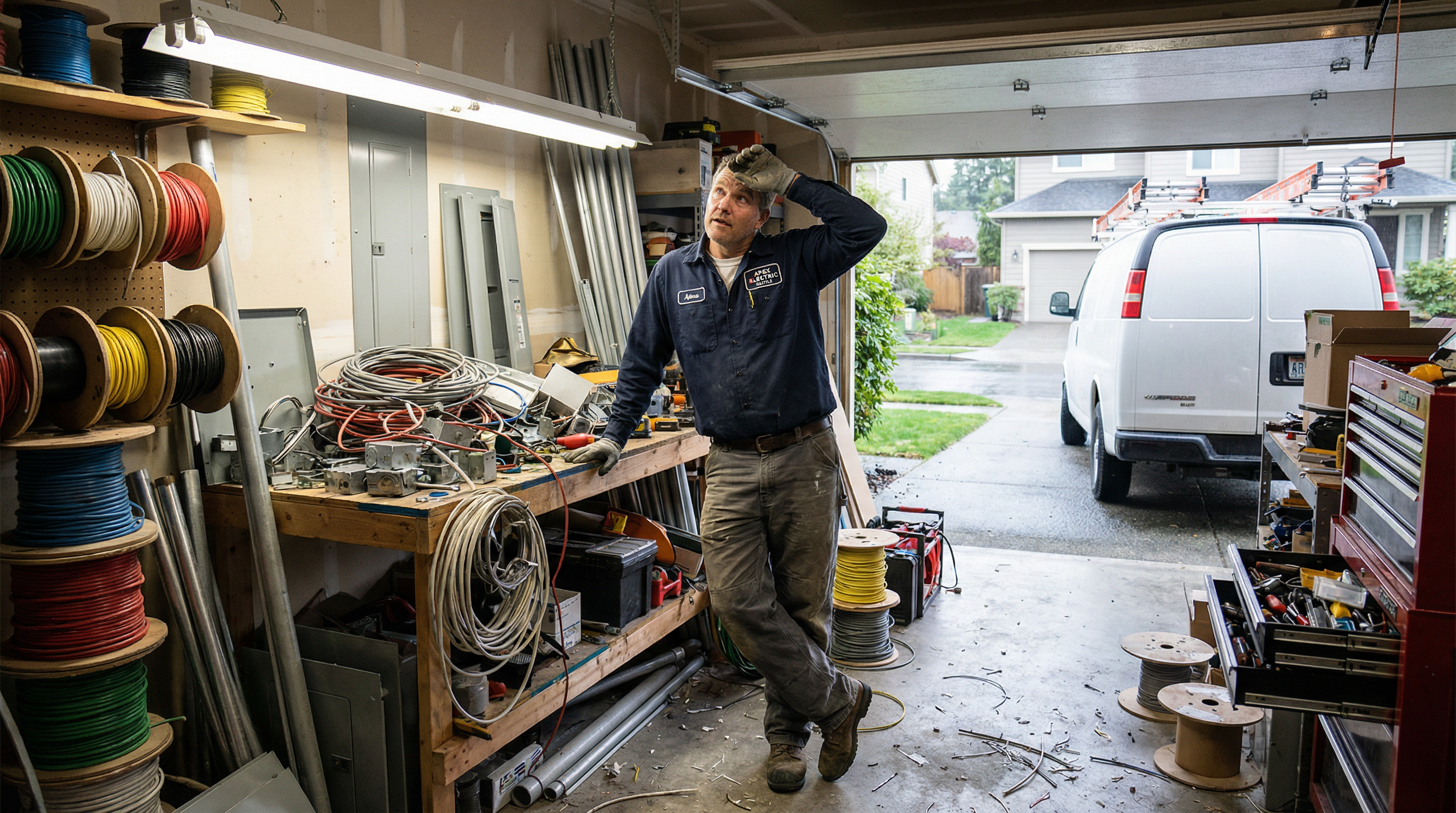 Contractor in cramped garage